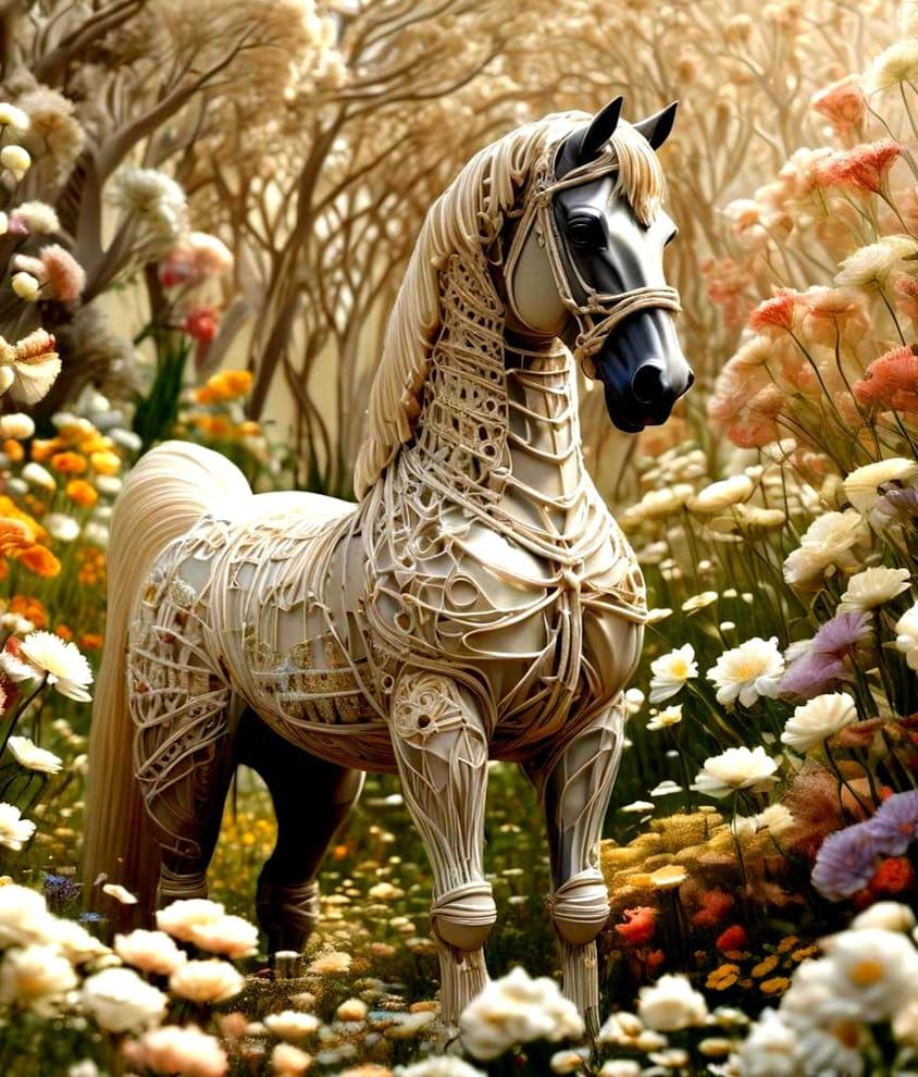 String horse in a meadow of flowers