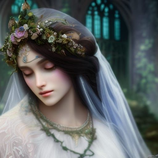 Crying Ghost Bride Haunting Ruined Church, Studio Ghibli Sty...