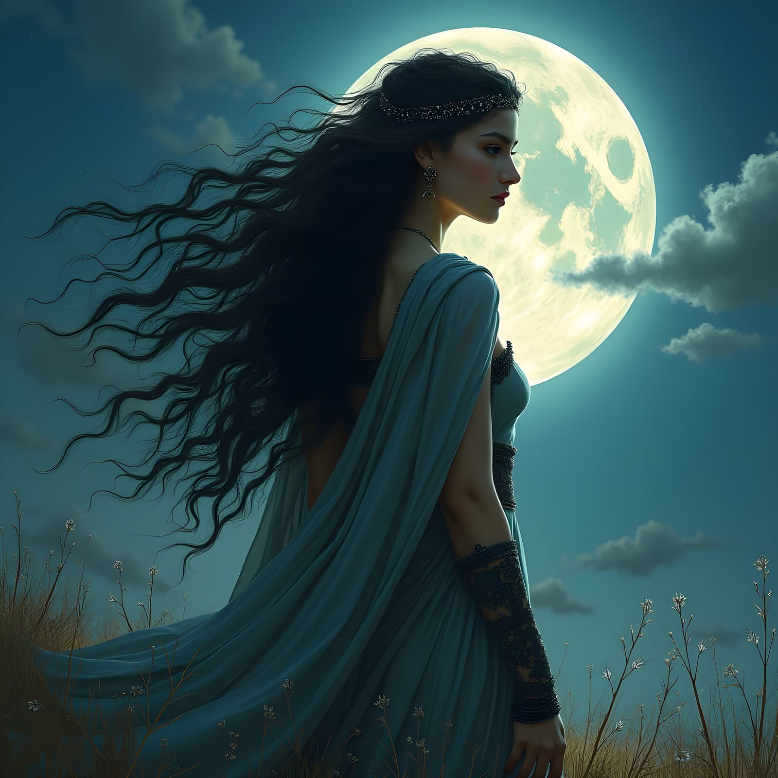 Norse Moon Goddess Bíl in Oil Painting Style
