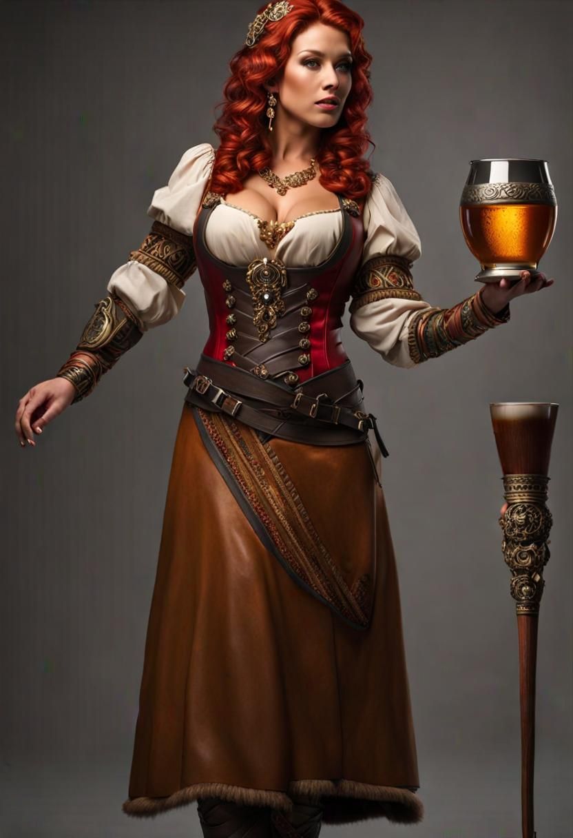 Beautiful Dwarven Barmaid Serving Ale, Hyperrealistic Digita...