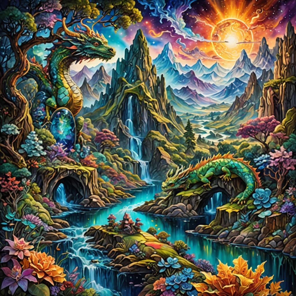 Crystalline Bio-Geological Landscape with Water Dragon