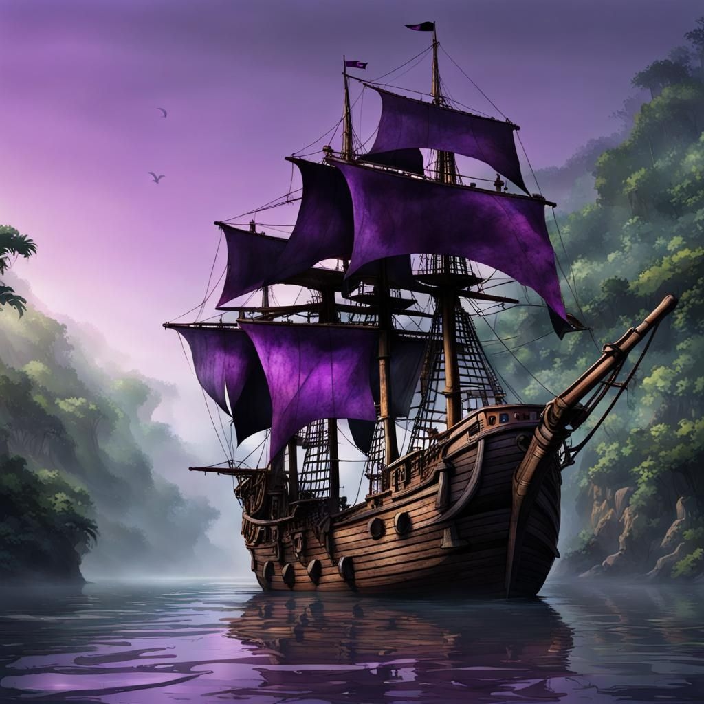 Pirate Ship Sailing Through Jungle River