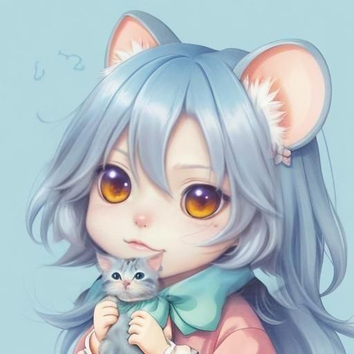 Kitten and Mouse in Anime Art Style