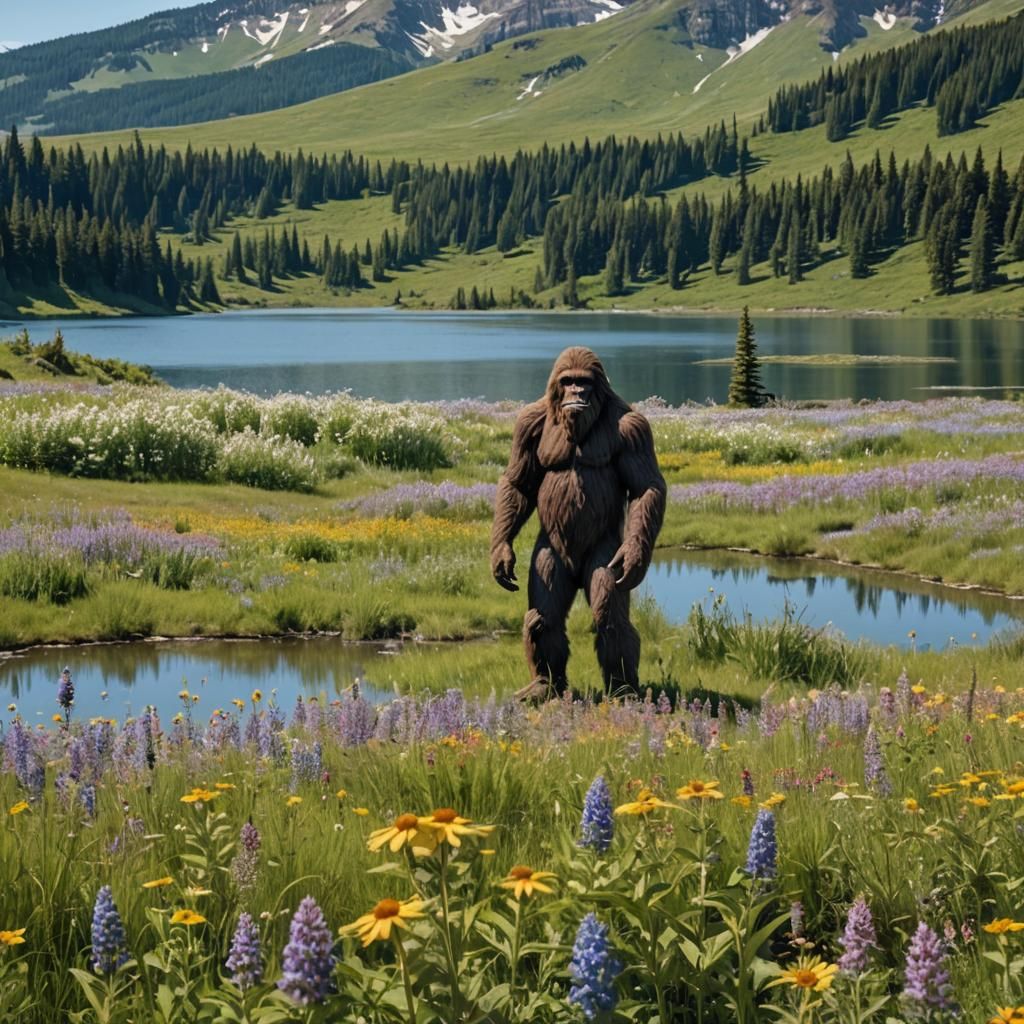 Sasquatch in Wildflower Meadow by Lake