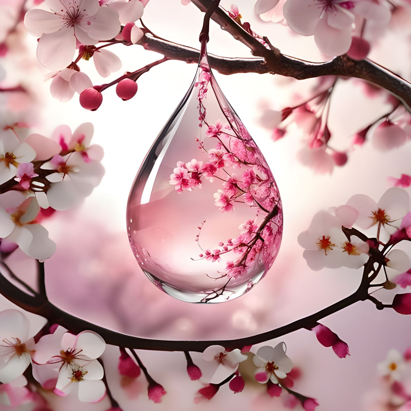 Raindrop Reflecting Cherry Blossoms: Photorealistic CGI Art