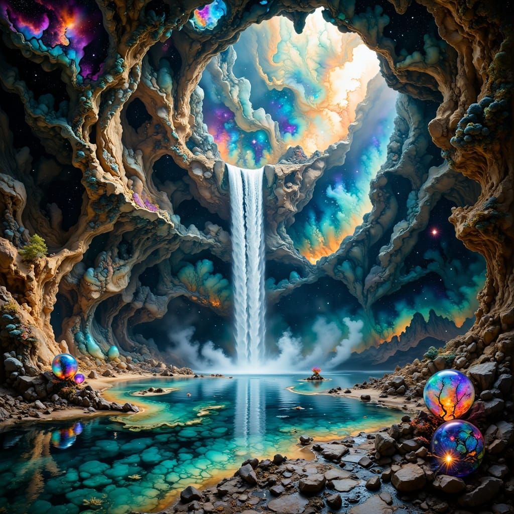 Glowing Waterfall in Subterranean Cave