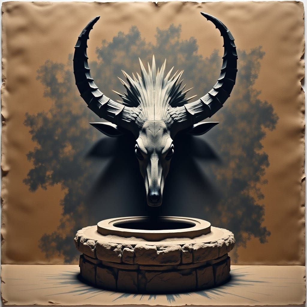 Shadowy Beast's Horn on Altar in Surreal Style