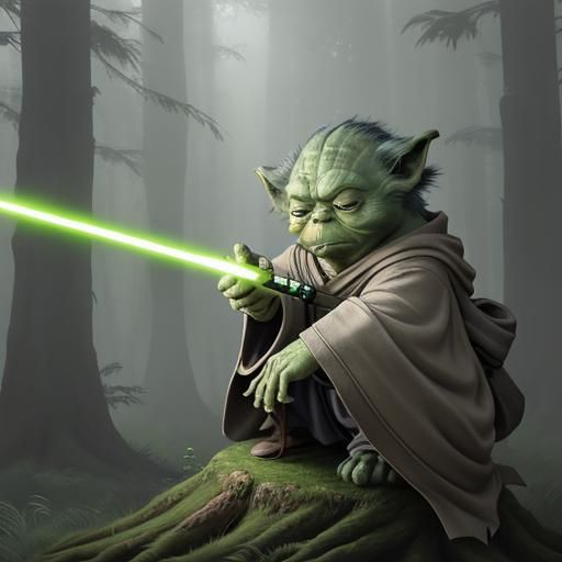 Wise Master Yoda Gazing at Lightsaber in Manga Style