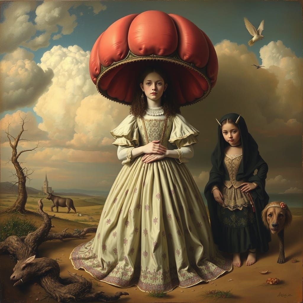 Surreal Pilgrimage Scene in Pop Surrealist Style