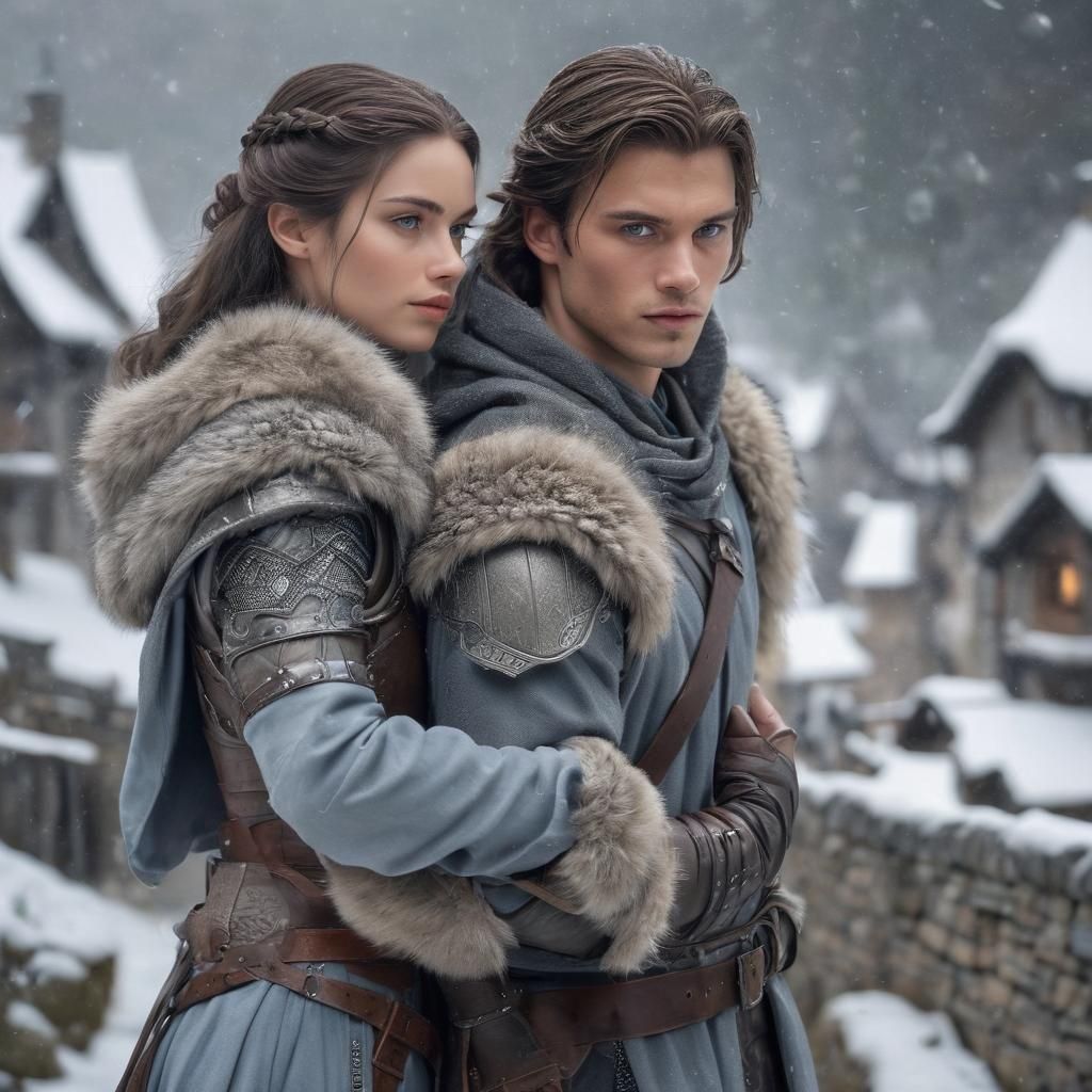 Medieval Lovers Embrace in Snowy Village