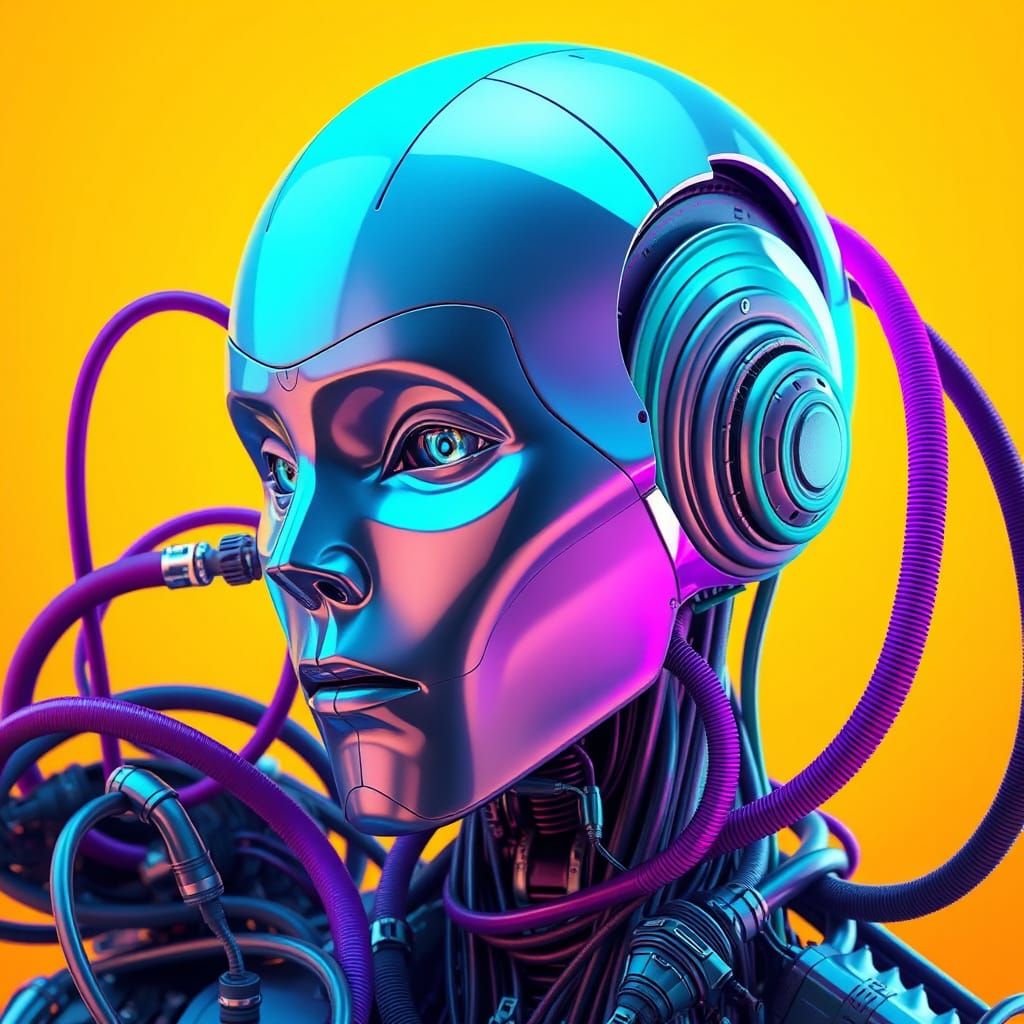 Futuristic Robot with Neon Wires in Cyberpunk Style
