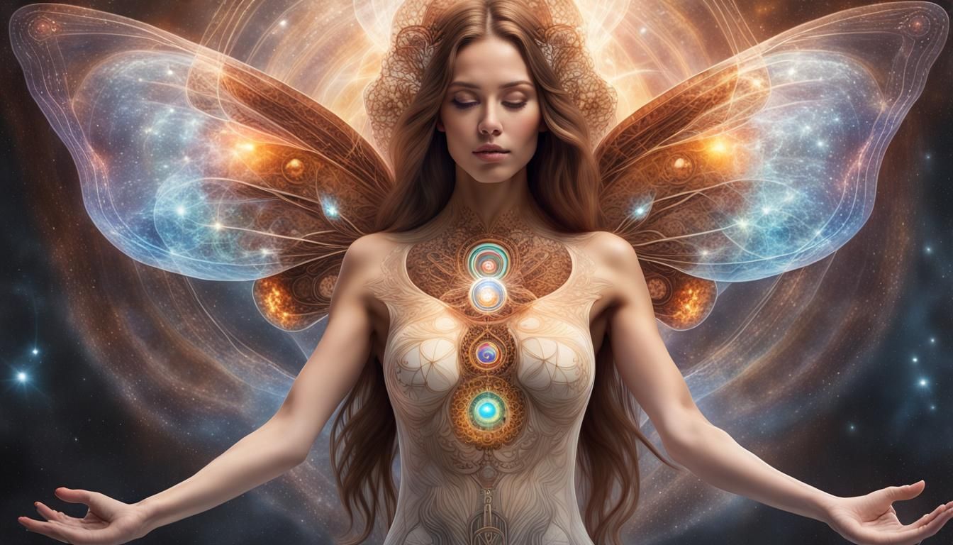 Glowing Angel in Nebula with Sacred Geometry