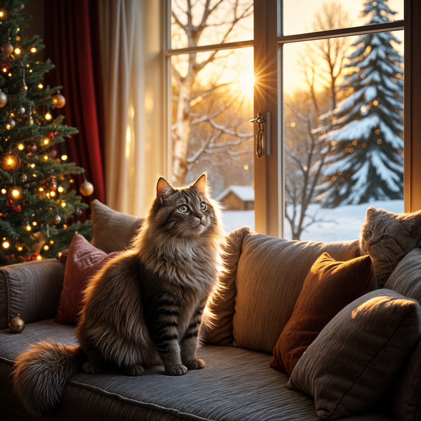 Fluffy Cat Bathed in Golden Sunset Light