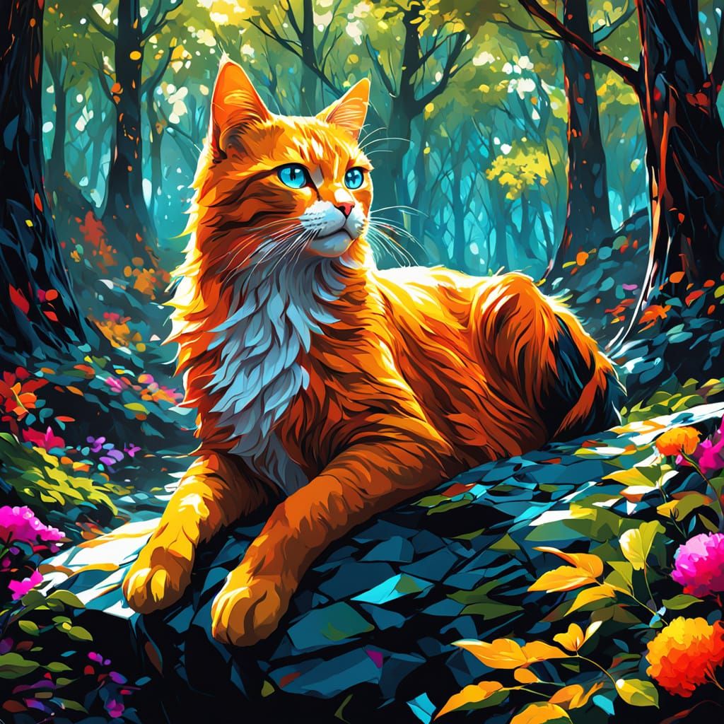 Vibrant Feline Majesty in Whimsical Woodland