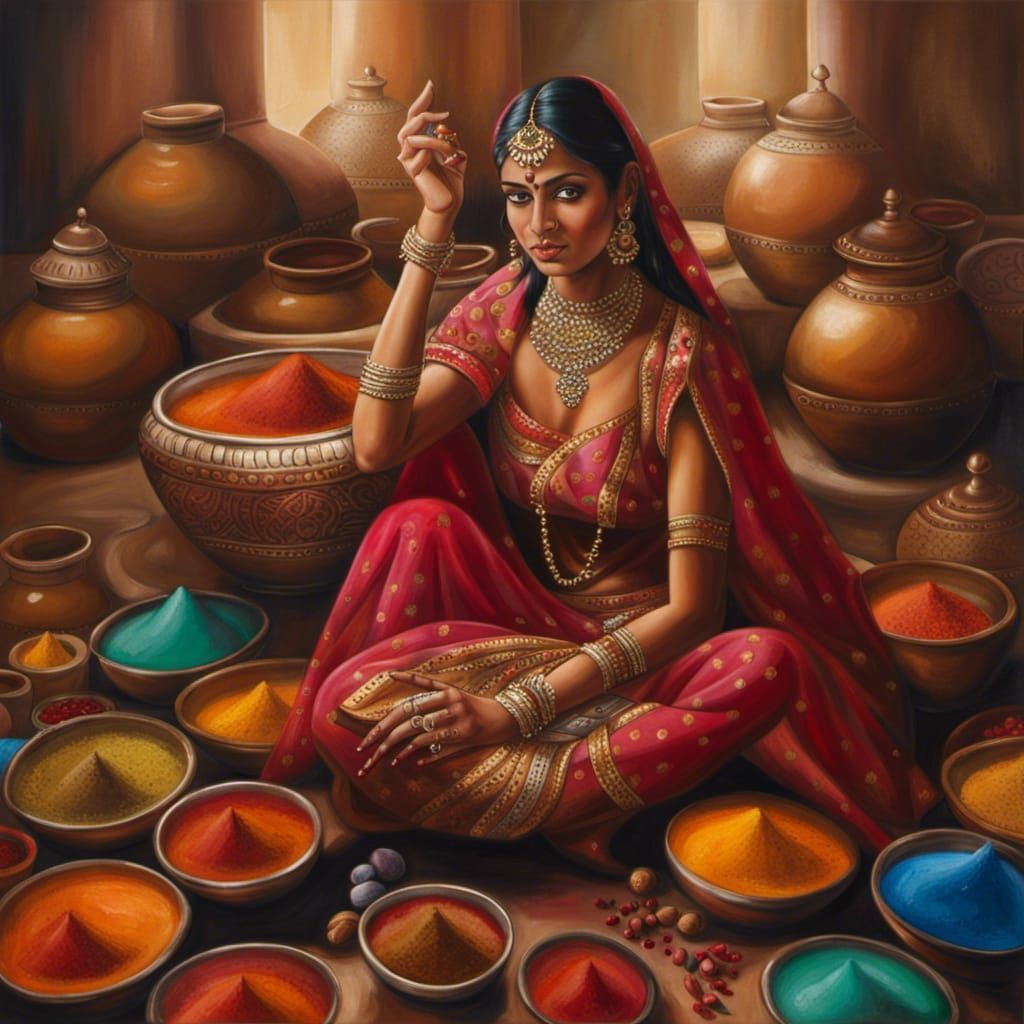 Attractive Indian Woman Dancing with Spices, Hyperrealistic ...