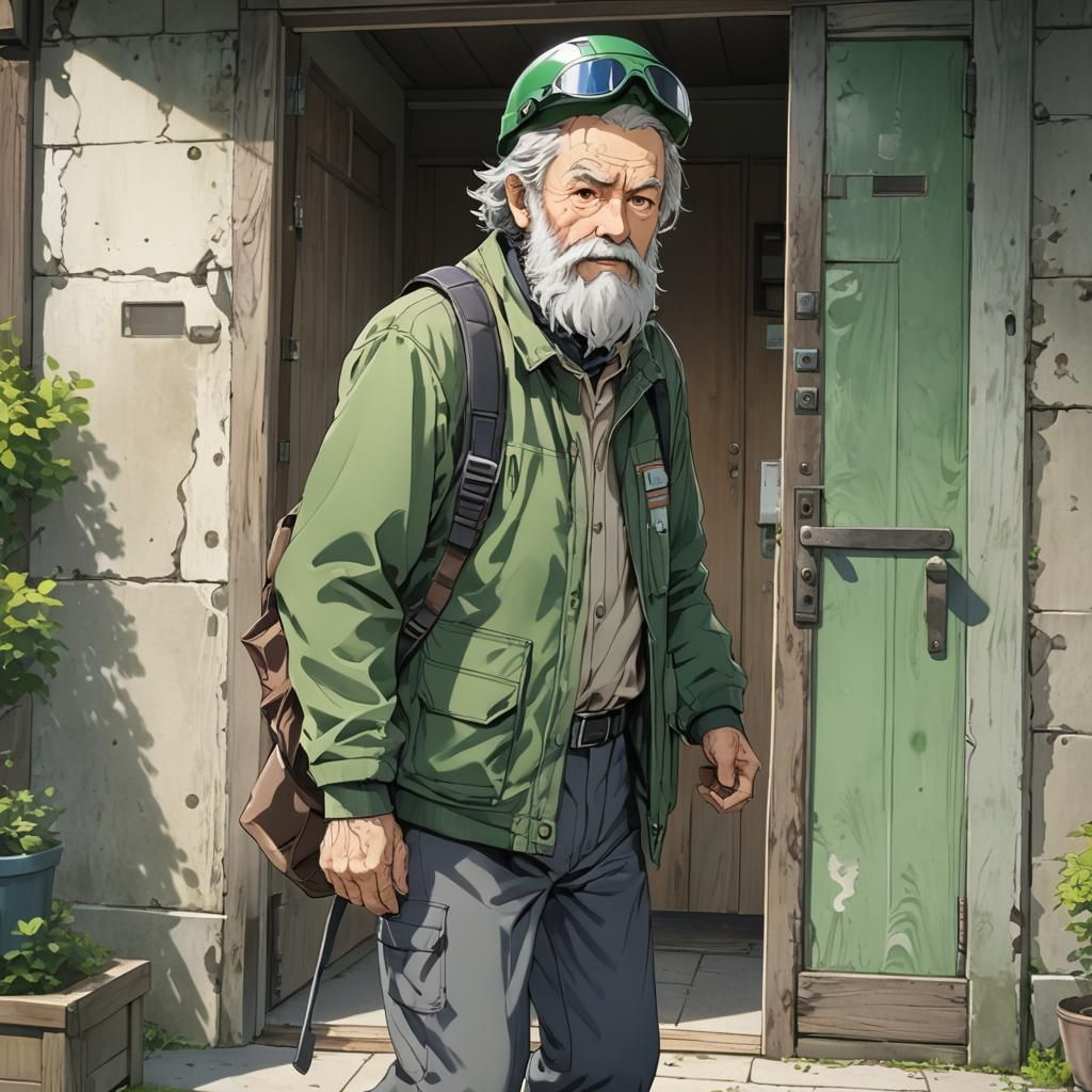 Anime-Style Elderly Man Leaving Home