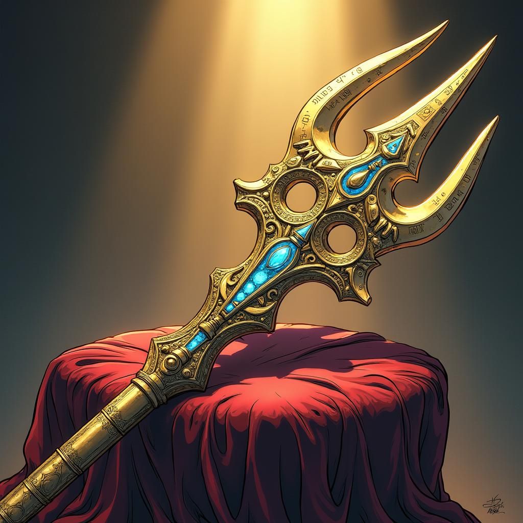 Majestic Trident with Golden Filigree in Comic Art Style