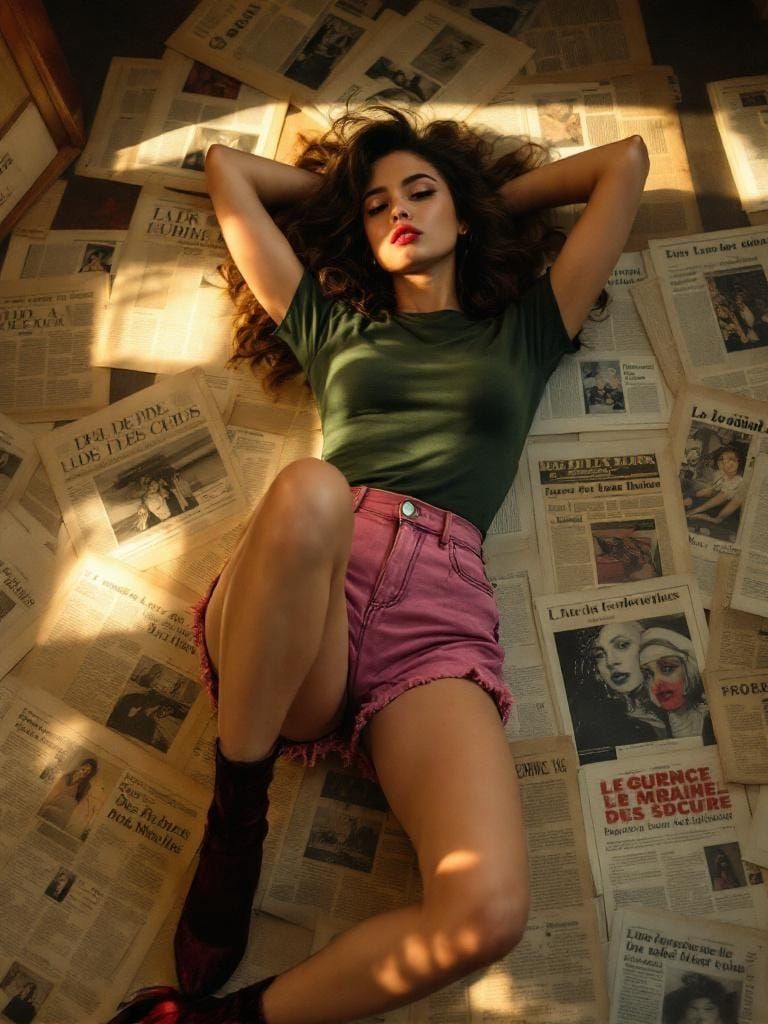 Vintage Fashion Scene: Woman in Pink Shorts with Newspapers