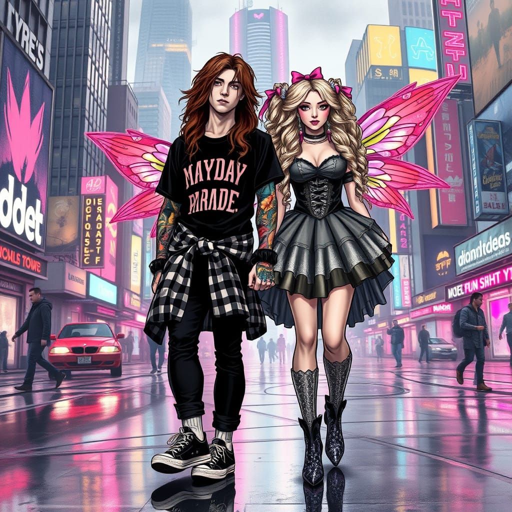 Cyberpunk Emo Fae Couple Strolls Through Dystopian City