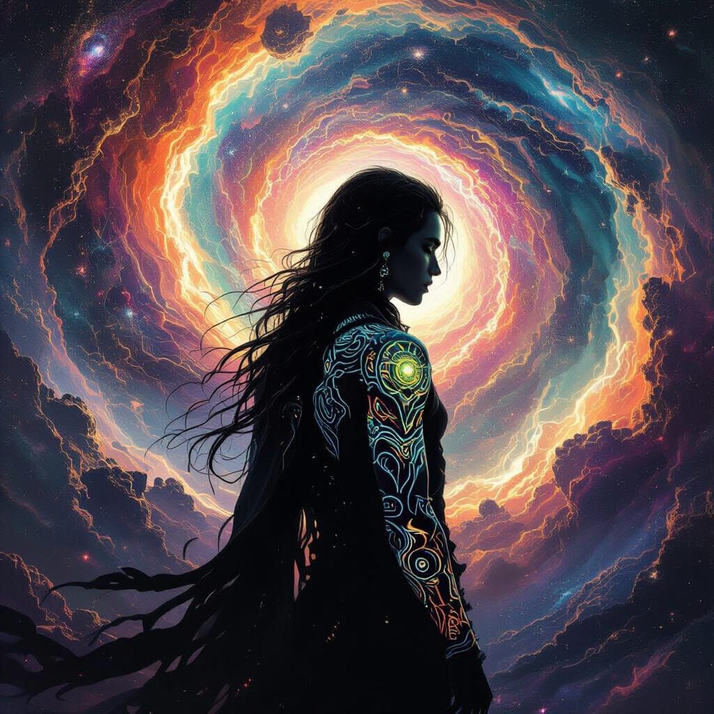 Cosmic Figure with Glowing Tattoos in Surreal Style