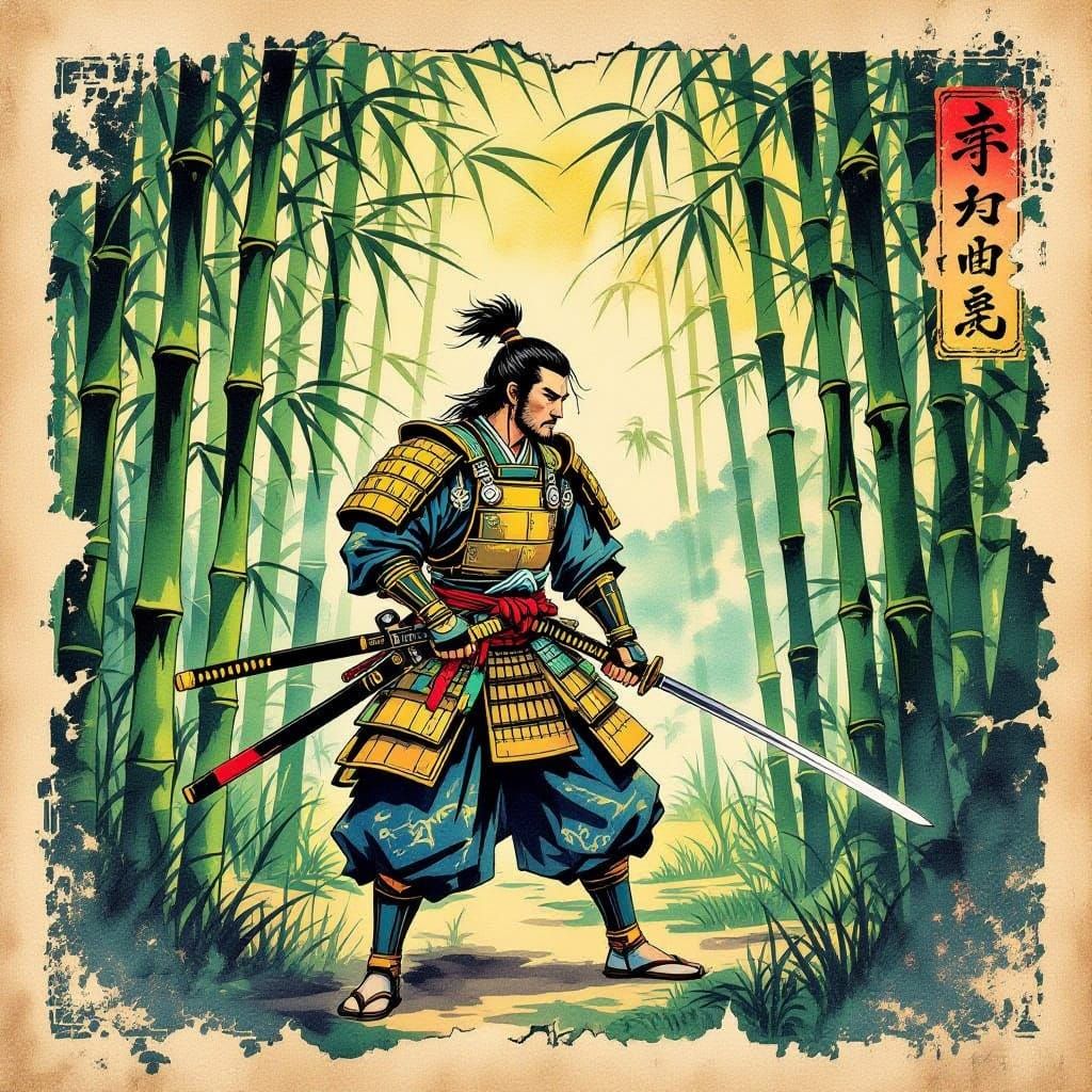 Samurai Warrior in Bamboo Forest: Golden Age Illustration