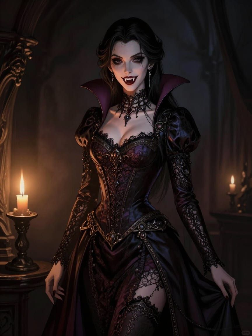 Gothic Vampire Woman in Medieval Lace Attire