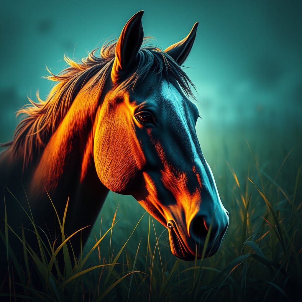 Elegant Horse Portrait amidst Vast Green Expanse in Cyberpun...