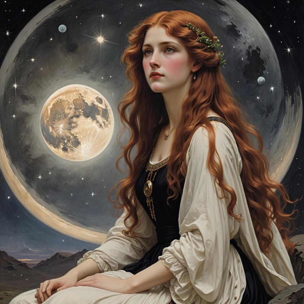 Woman on the Moon in Pre-Raphaelite Style