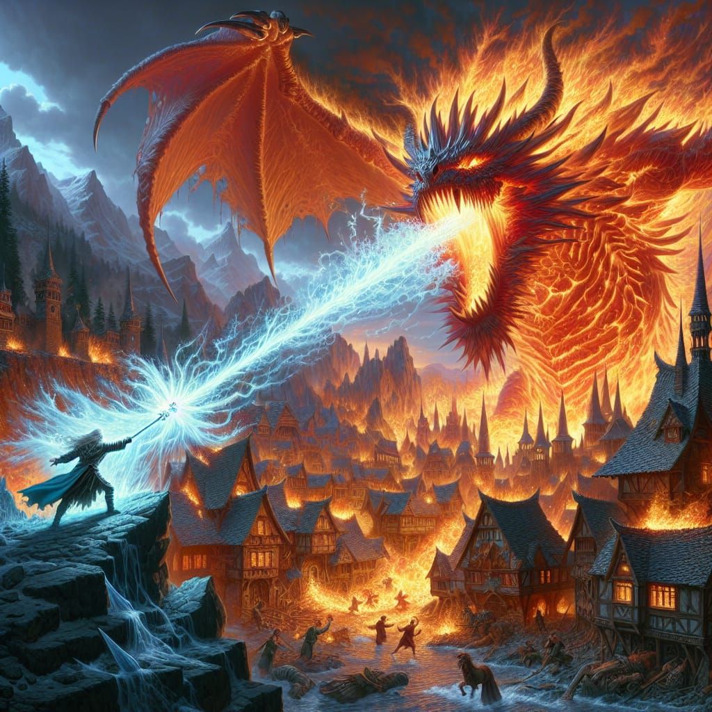 Wizard Battles Fire Dragon in Fantasy Landscape