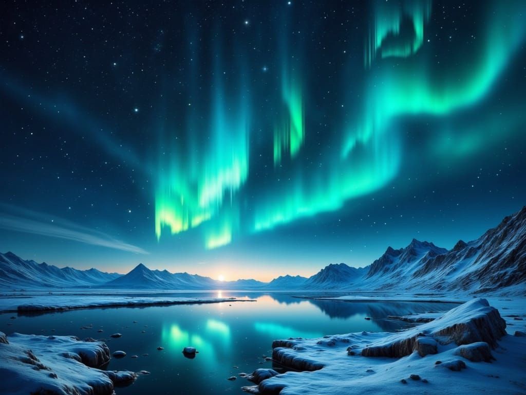 Northern lights rippling over an icy tundra