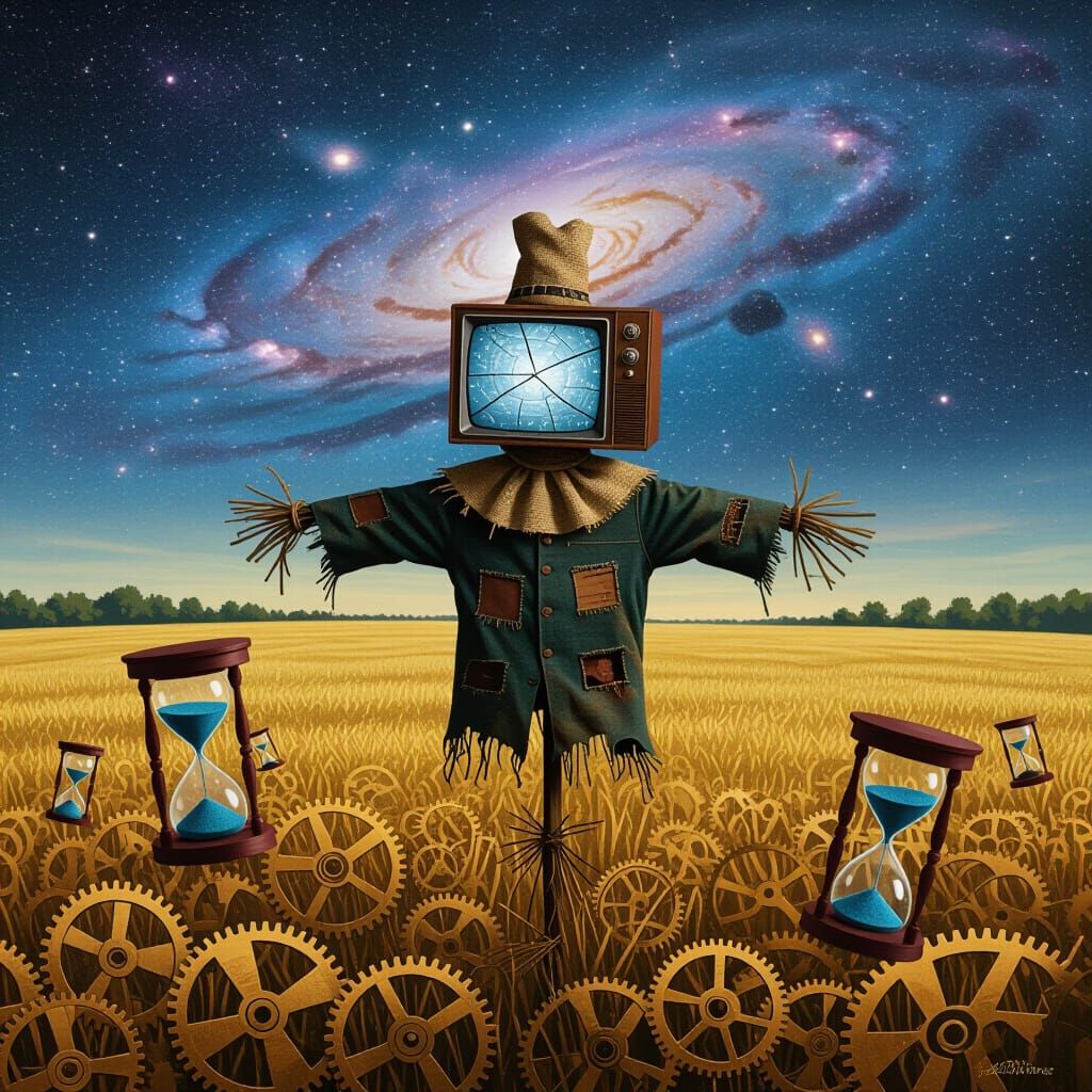 Scarecrow with TV Head in Cosmic Field of Gears