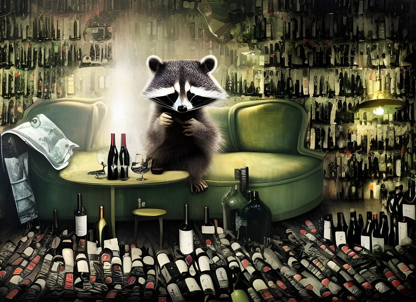 Raccoon Surrounded by Wine Bottles, Paranormalpunk Style