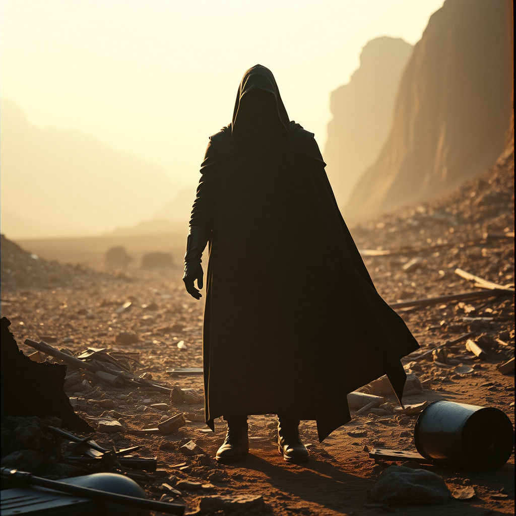 Ominous Figure in War-Torn Dystopian Landscape