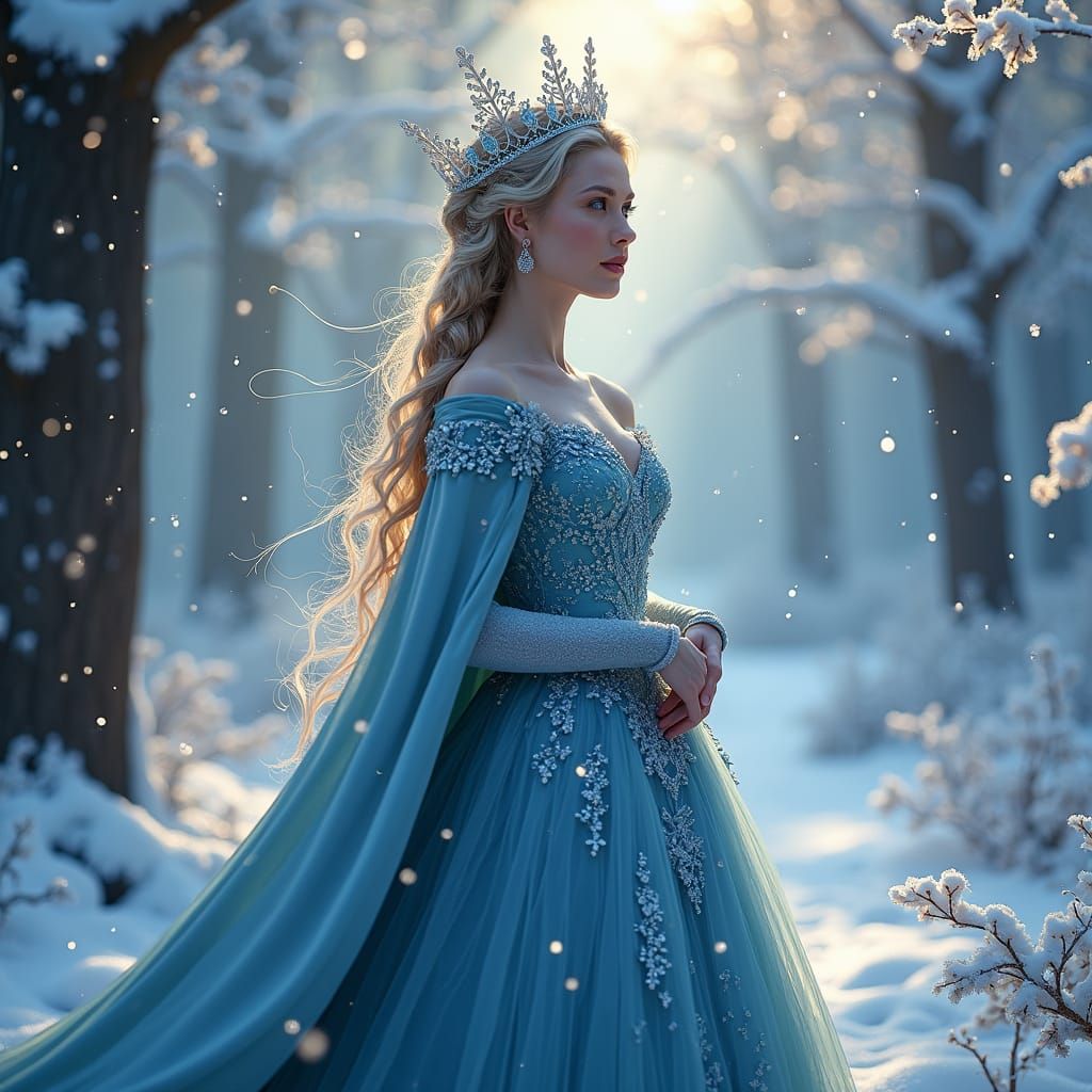 Fairytale Princess in Enchanted Winter Forest