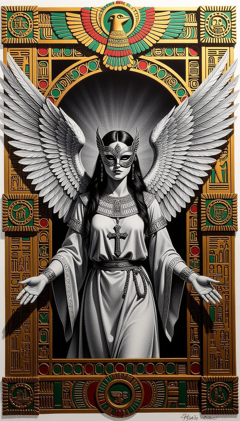 Monochrome Angelic Figure in Ornate Border