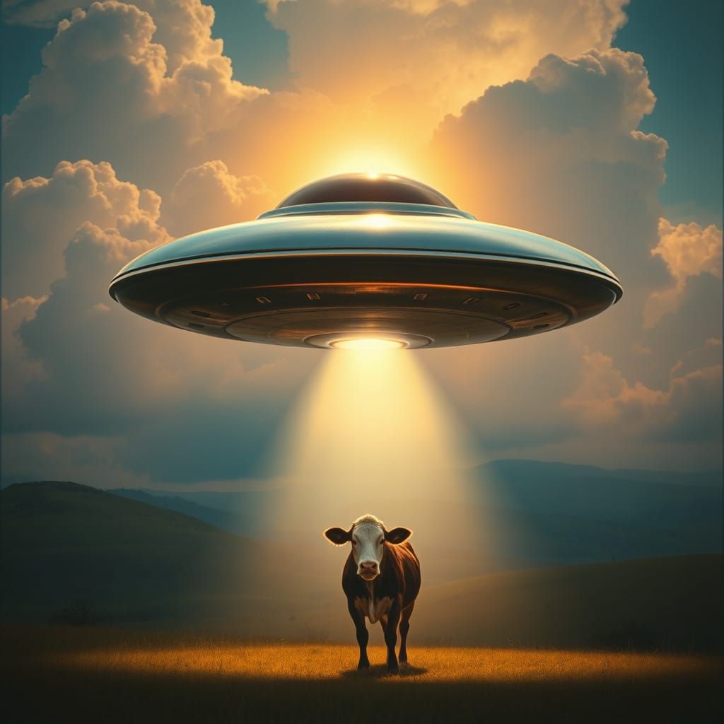 Sleek Chrome Flying Saucer Plucks Starstruck Cow from Sunset...