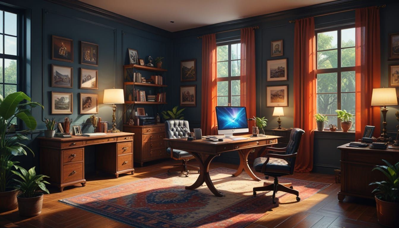 Elaborate Home Office Setups: Cinematic Concept Art