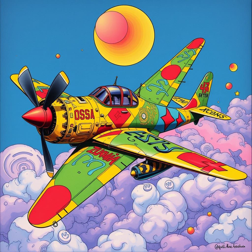 Psychedelic Steampunk Bomber in Moebius Style