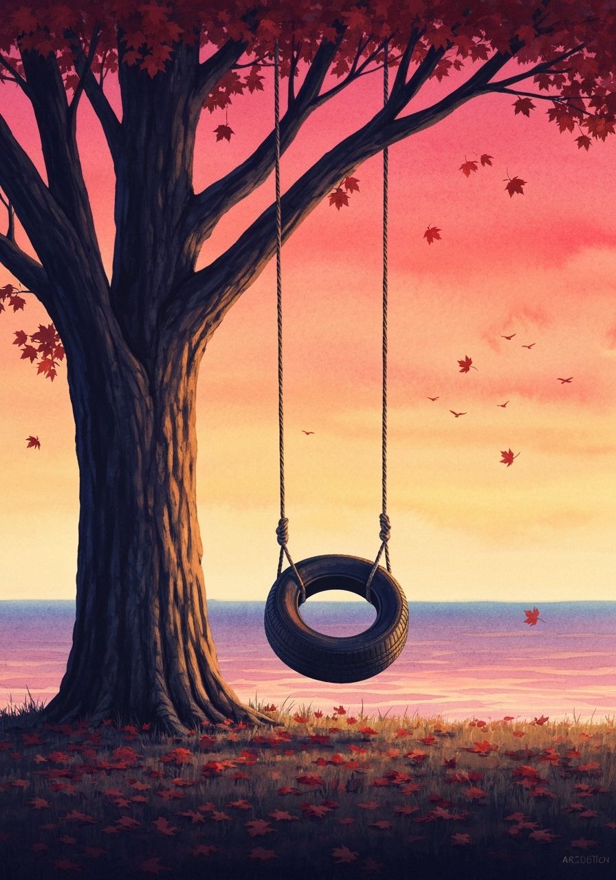 Watercolor Painting of Tire Swing at Dusk