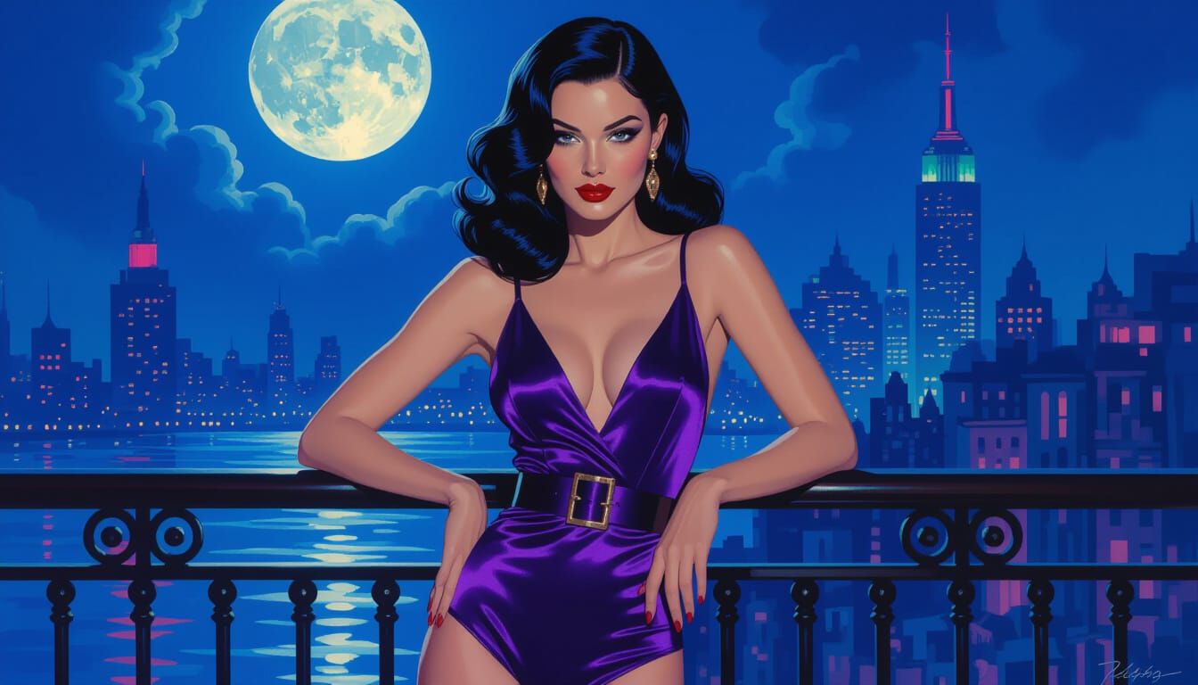 Woman in Violet Bodysuit on Reflective Balcony