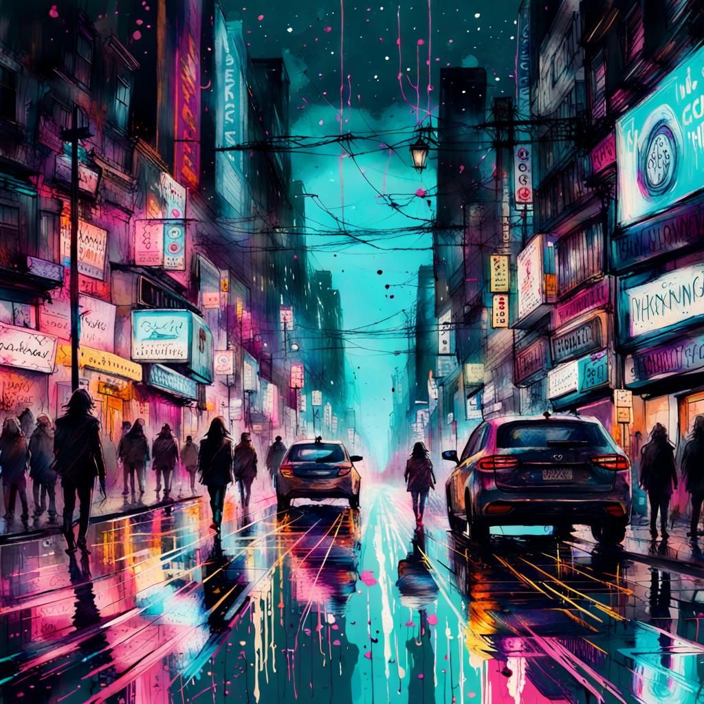 Neon City Street at Night in Ink Splatter Art