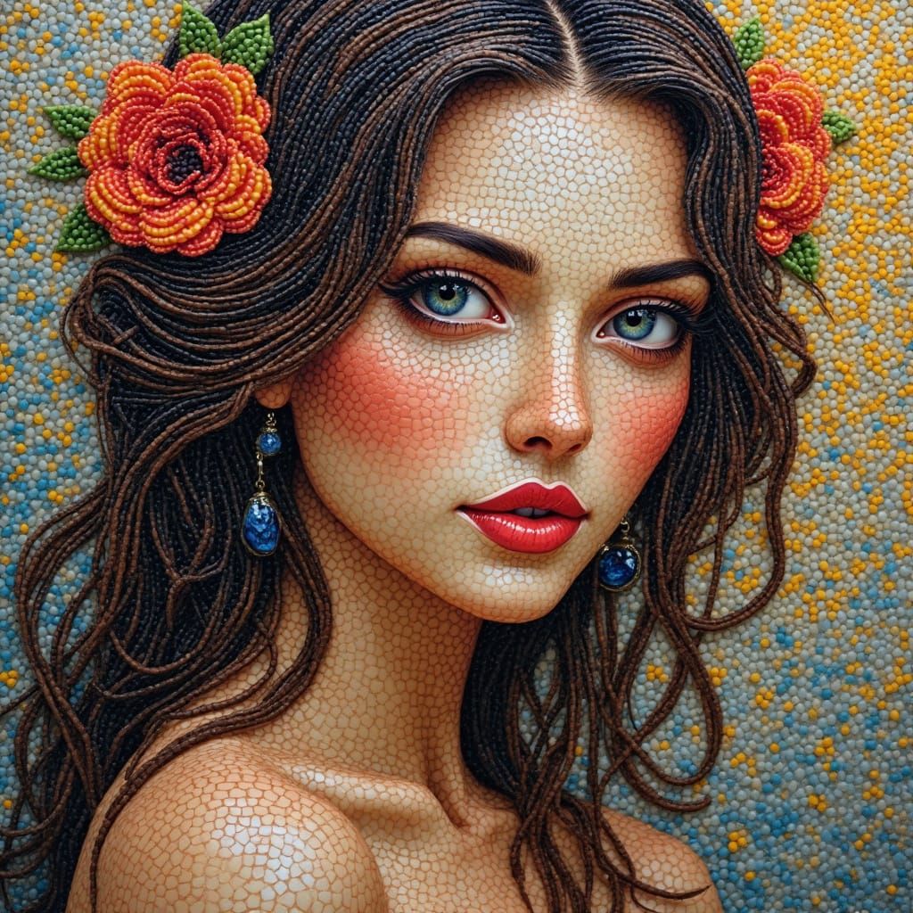 Exquisite Mosaic Portrait of a Stunning Woman in Beadwork