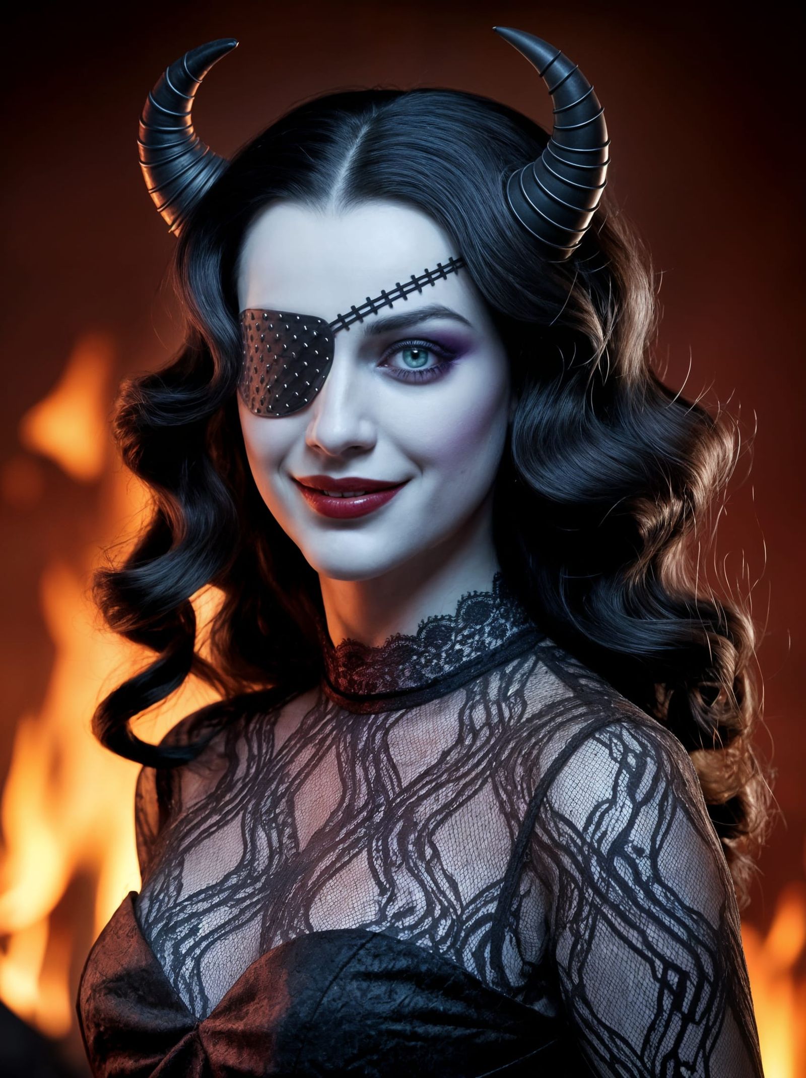 Devil's Daughter Portrait with Eyepatch in Hellish Landscape