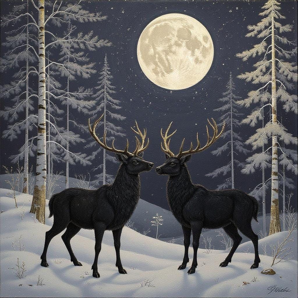 Moonlit snowy forest glen with majestic black deer.