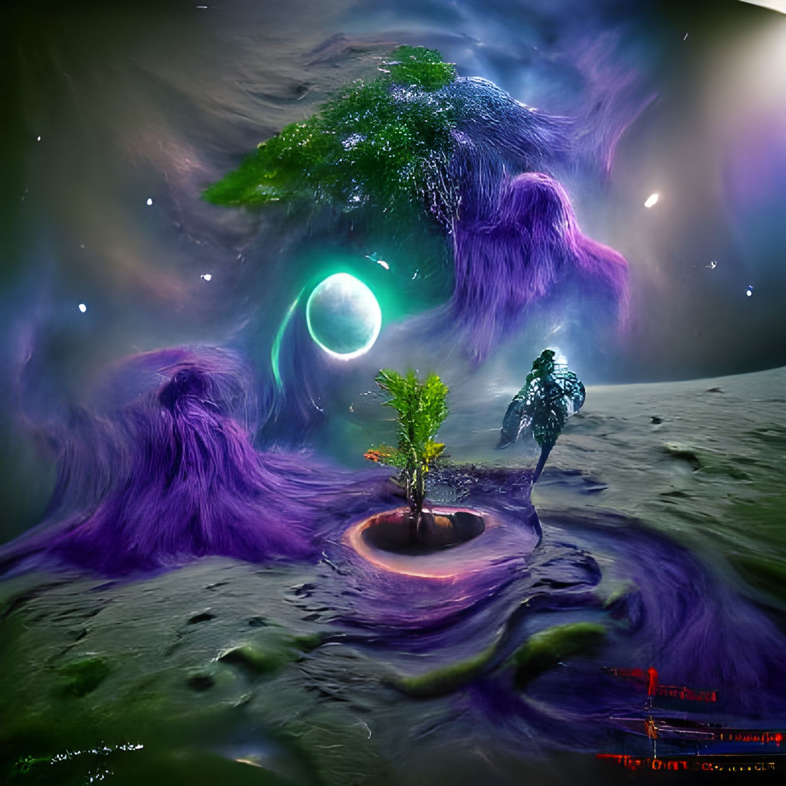 Green Tree on the Moon with Alien Plants