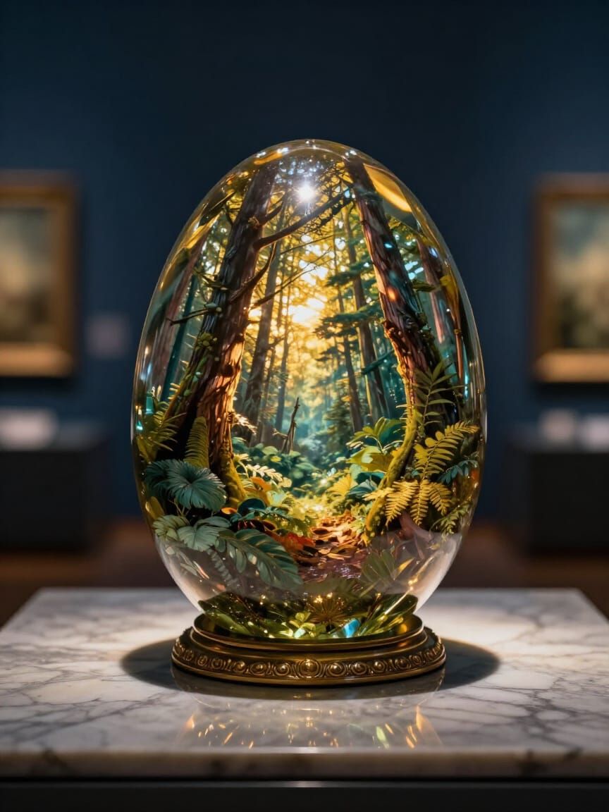 Crystal Egg Reveals Woodland Vista in Golden Hour Light