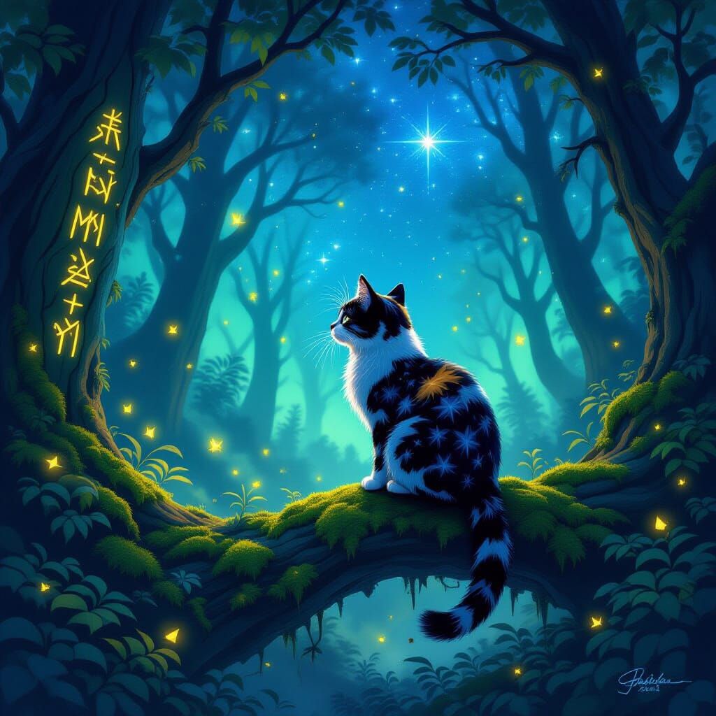 Starry Cat in Mystical Forest Clearing