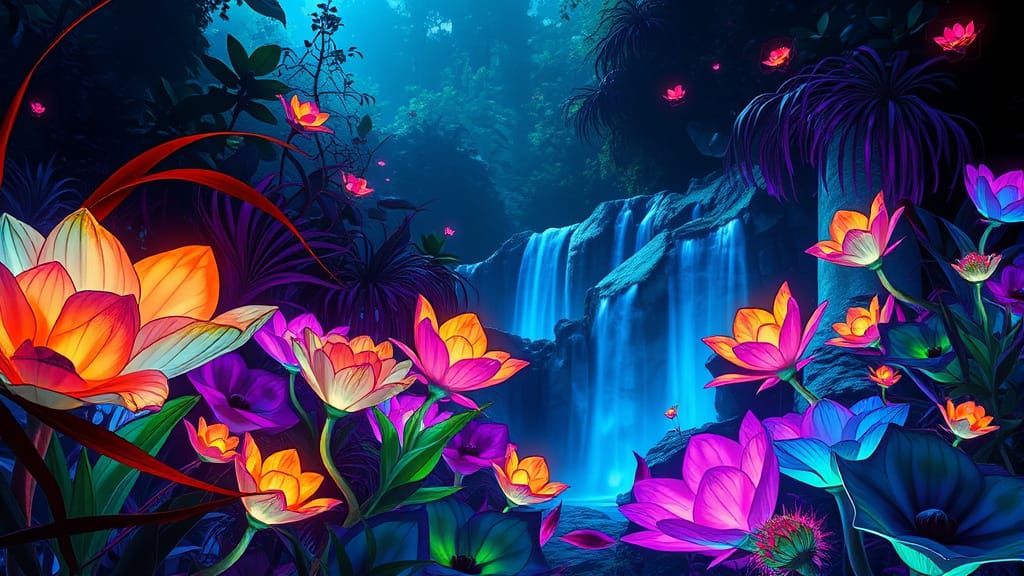 Bioluminescent Garden with Neon Waterfalls