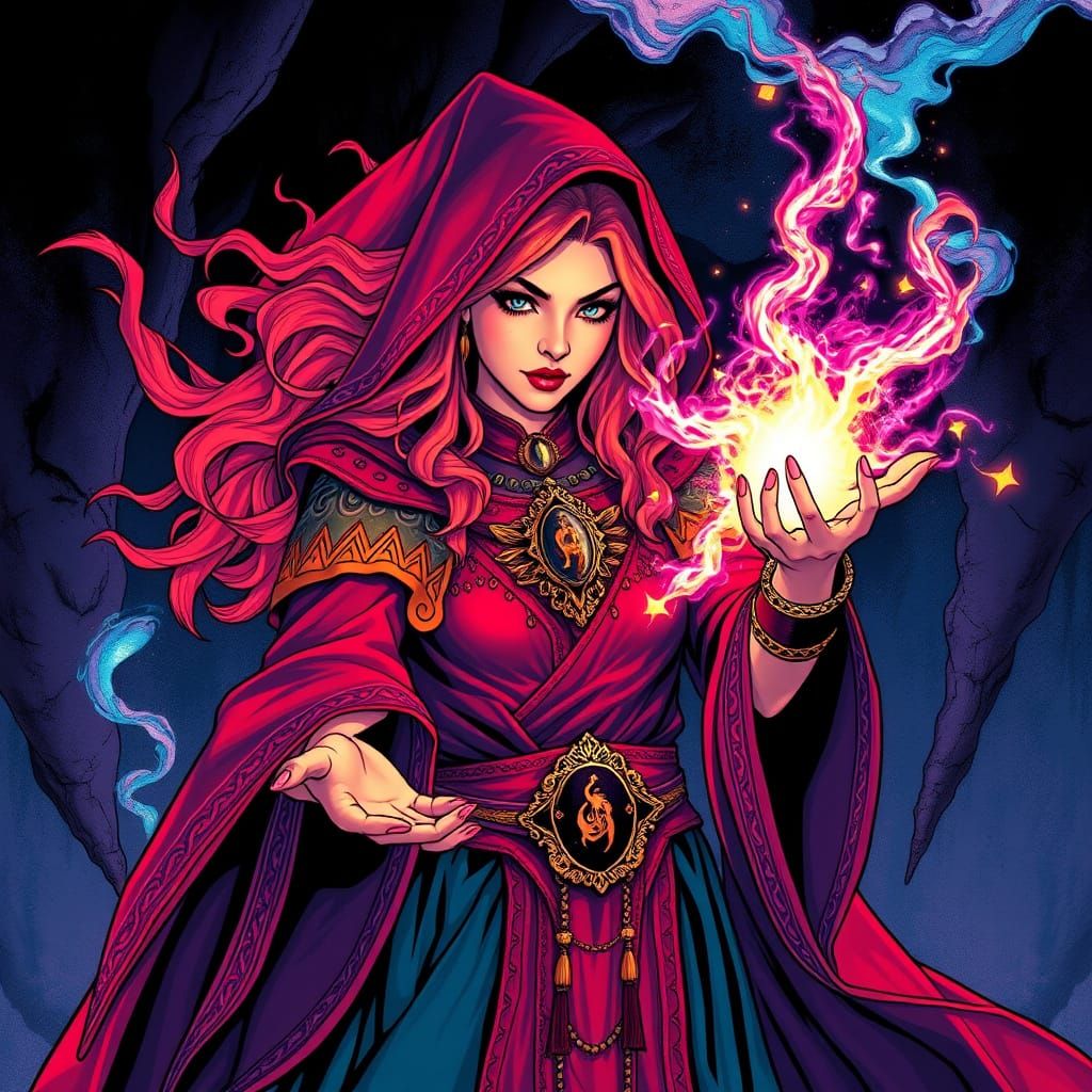 Female Mage Casting Spell in Surreal Graphic Novel Style