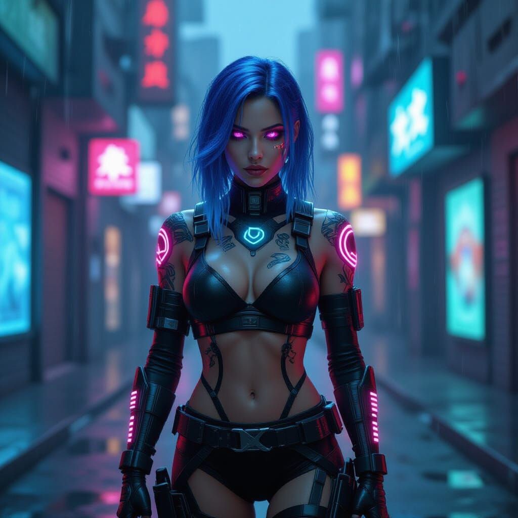 Cyberpunk Woman with Neon Hair in Futuristic Alley